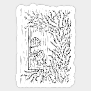 GIRL NEAR WINDOW TREE WITH A BOOK AND COFFEE ENJOYING RAIN Sticker